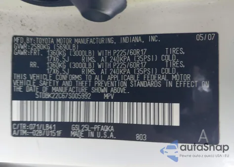 2007 Toyota Sienna Xle Limited from USA, damaged, VIN 5TDBK22C67S005992